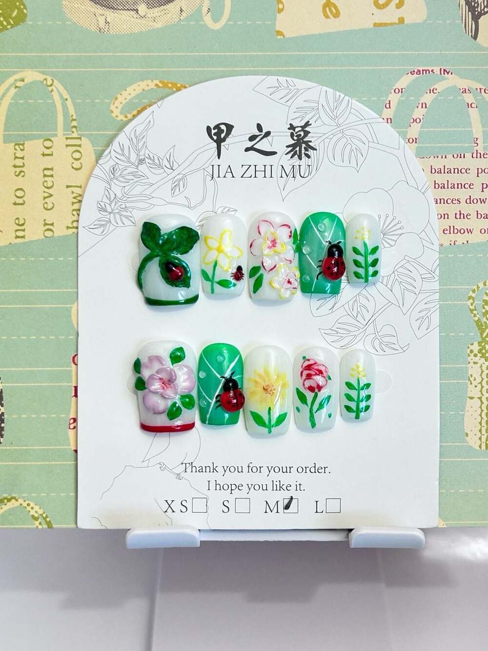Jia Zhi Mu Handmade  Floral and Ladybug Theme Press-On Nails